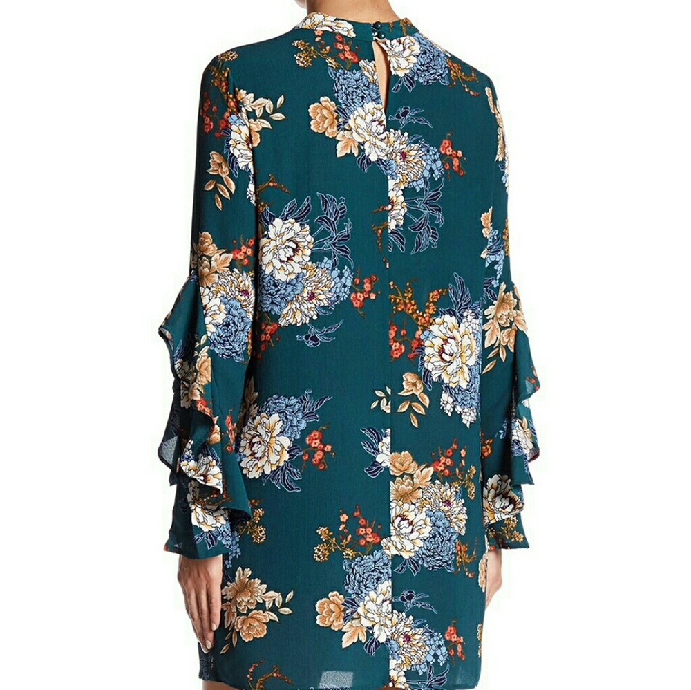 Bebop ruffle sleeve blue green floral dress S - Picture 2 of 7